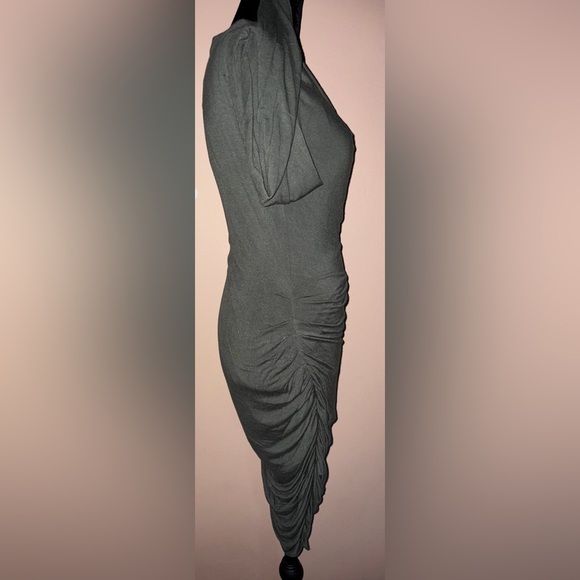 VENUS Asymmetrical Olive Long Sleeve Ruched Dress - Picture 8 of 9